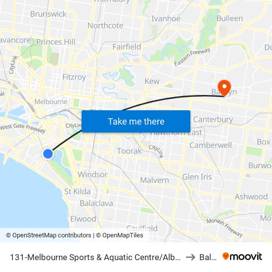 131-Melbourne Sports & Aquatic Centre/Albert Rd (Albert Park) to Balwyn map