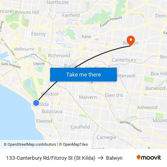 133-Canterbury Rd/Fitzroy St (St Kilda) to Balwyn map