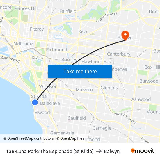 138-Luna Park/The Esplanade (St Kilda) to Balwyn map