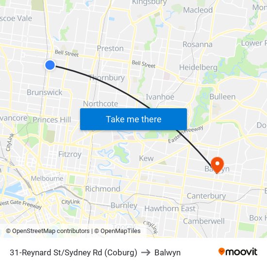 31-Reynard St/Sydney Rd (Coburg) to Balwyn map