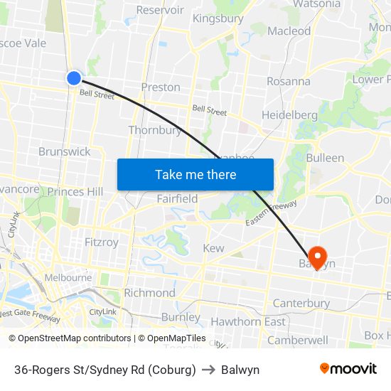 36-Rogers St/Sydney Rd (Coburg) to Balwyn map