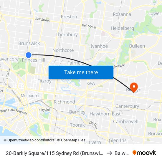 20-Barkly Square/115 Sydney Rd (Brunswick) to Balwyn map