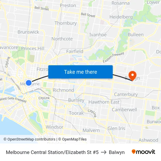 Melbourne Central Station/Elizabeth St #5 to Balwyn map