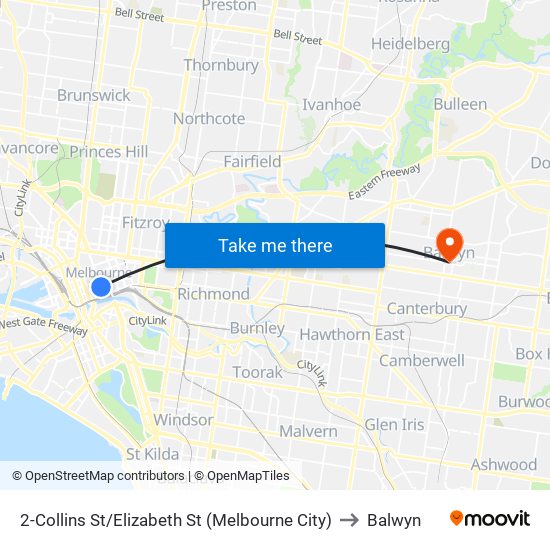 2-Collins St/Elizabeth St (Melbourne City) to Balwyn map