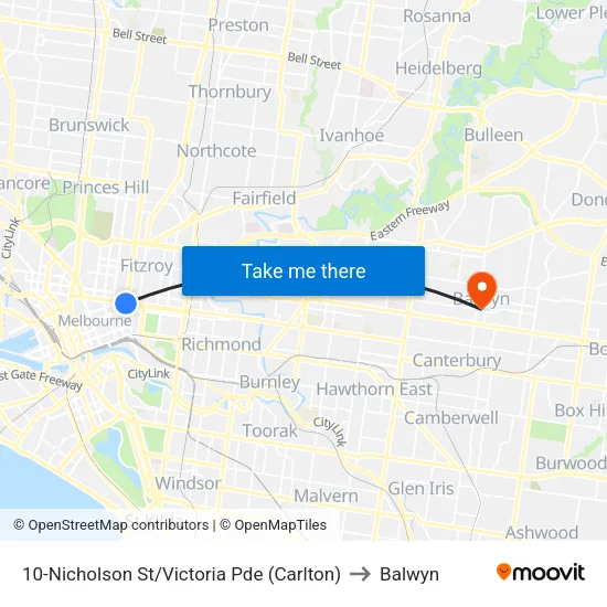 Nicholson St/Victoria Pde #10 to Balwyn map