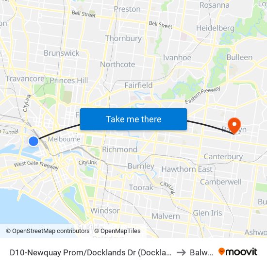 D10-Newquay Prom/Docklands Dr (Docklands) to Balwyn map