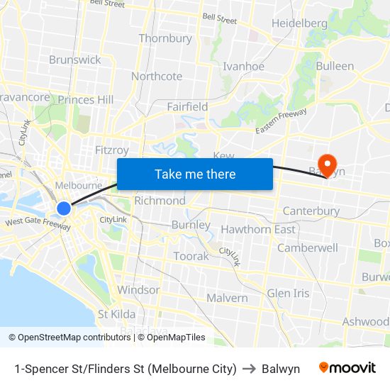 1-Spencer St/Flinders St (Melbourne City) to Balwyn map