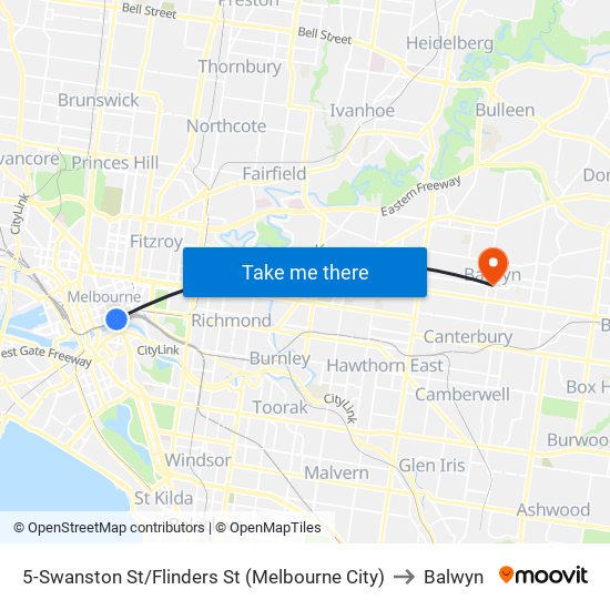 5-Swanston St/Flinders St (Melbourne City) to Balwyn map