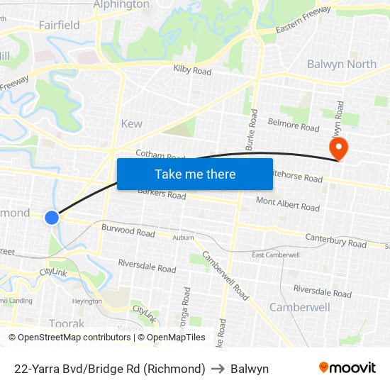 22-Yarra Bvd/Bridge Rd (Richmond) to Balwyn map