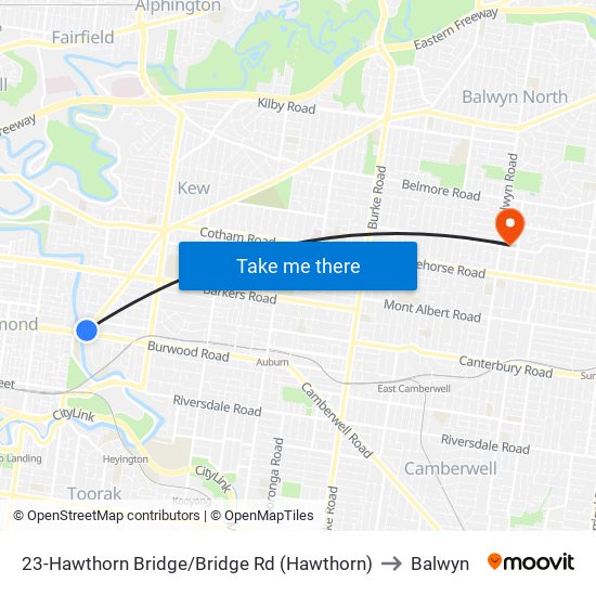 23-Hawthorn Bridge/Bridge Rd (Hawthorn) to Balwyn map