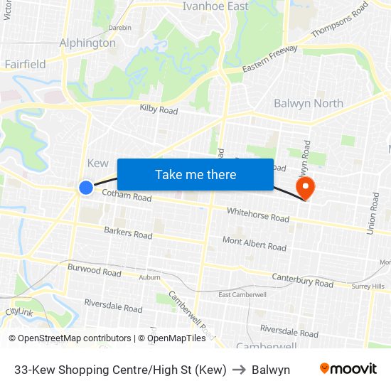 33-Kew Shopping Centre/High St (Kew) to Balwyn map