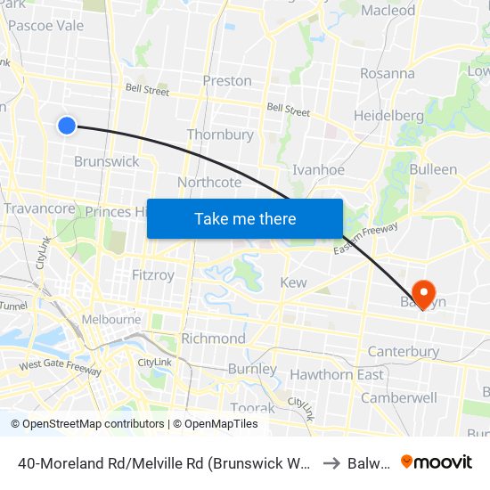 40-Moreland Rd/Melville Rd (Brunswick West) to Balwyn map