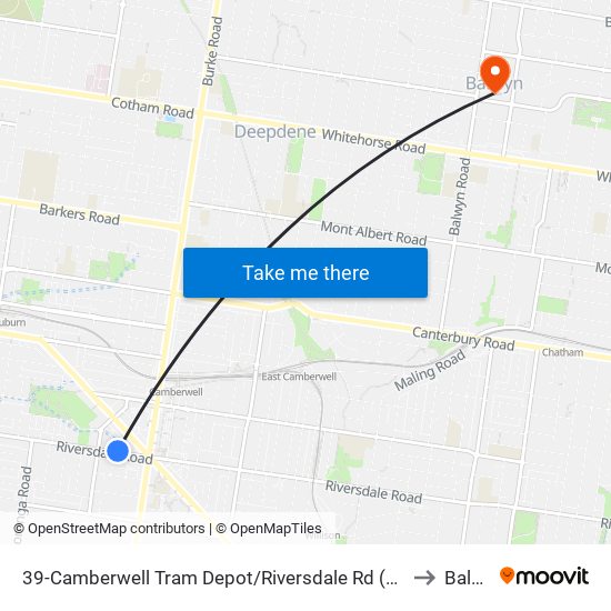 39-Camberwell Tram Depot/Riversdale Rd (Hawthorn East) to Balwyn map