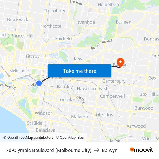 7d-Olympic Boulevard (Melbourne City) to Balwyn map