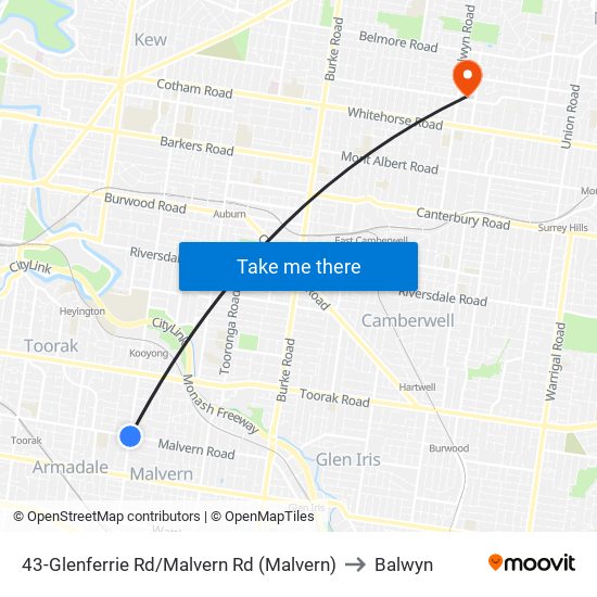 43-Glenferrie Rd/Malvern Rd (Malvern) to Balwyn map