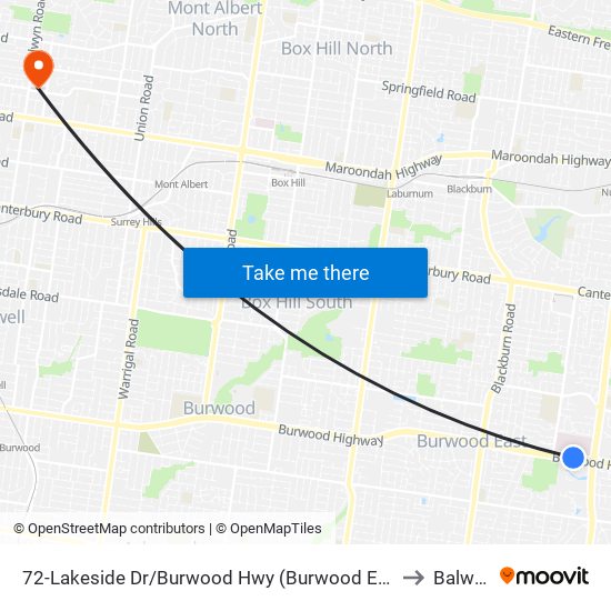 72-Lakeside Dr/Burwood Hwy (Burwood East) to Balwyn map