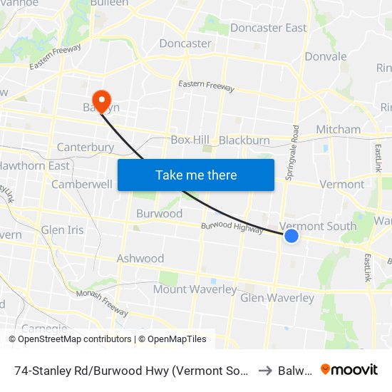 74-Stanley Rd/Burwood Hwy (Vermont South) to Balwyn map