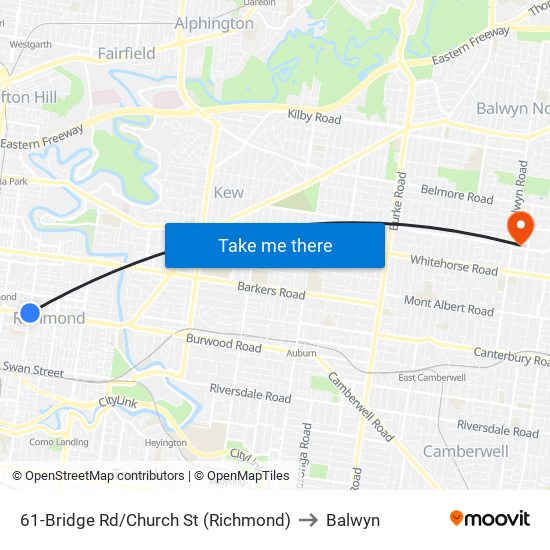 61-Bridge Rd/Church St (Richmond) to Balwyn map