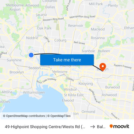 49-Highpoint Shopping Centre/Wests Rd (Maribyrnong) to Balwyn map