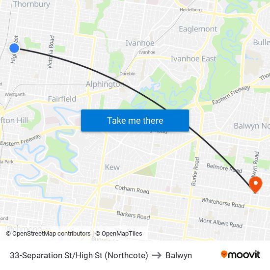 33-Separation St/High St (Northcote) to Balwyn map