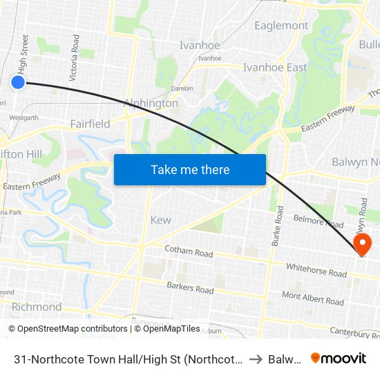 31-Northcote Town Hall/High St (Northcote) to Balwyn map