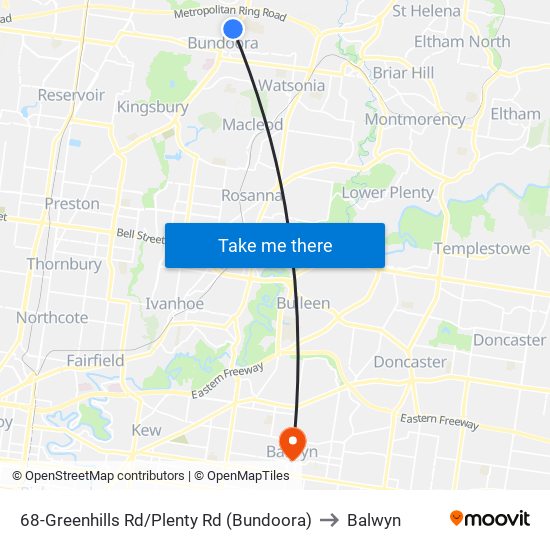 68-Greenhills Rd/Plenty Rd (Bundoora) to Balwyn map