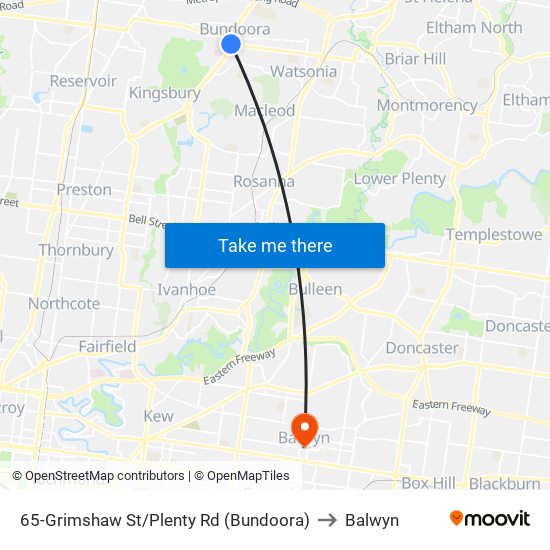 65-Grimshaw St/Plenty Rd (Bundoora) to Balwyn map