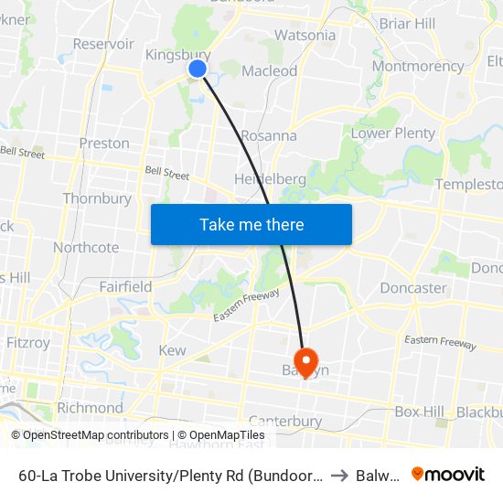 60-La Trobe University/Plenty Rd (Bundoora) to Balwyn map