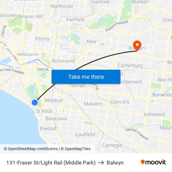 131-Fraser St/Light Rail (Middle Park) to Balwyn map