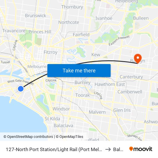 127-North Port Station/Light Rail (Port Melbourne) to Balwyn map