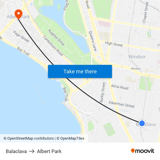 Balaclava to Albert Park map