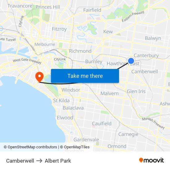 Camberwell to Albert Park map