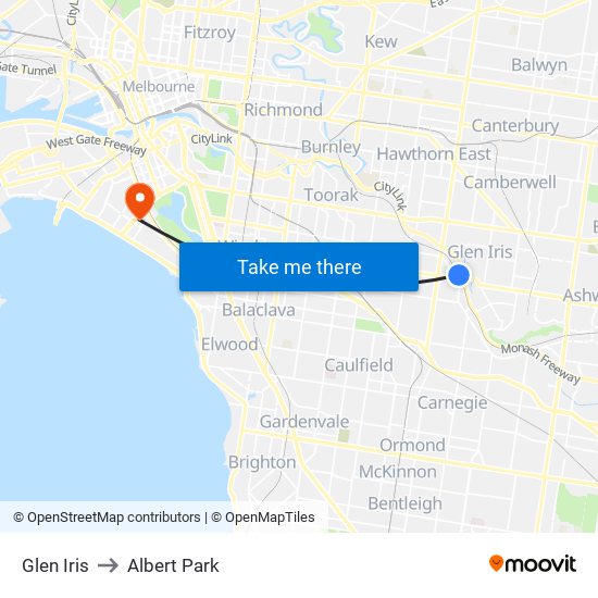 Glen Iris to Albert Park map