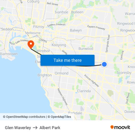 Glen Waverley to Albert Park map