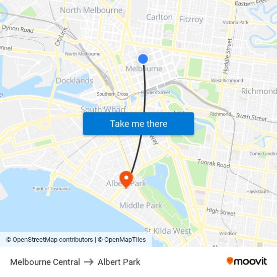 Melbourne Central to Albert Park map