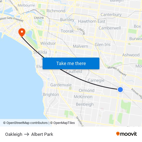 Oakleigh to Albert Park map