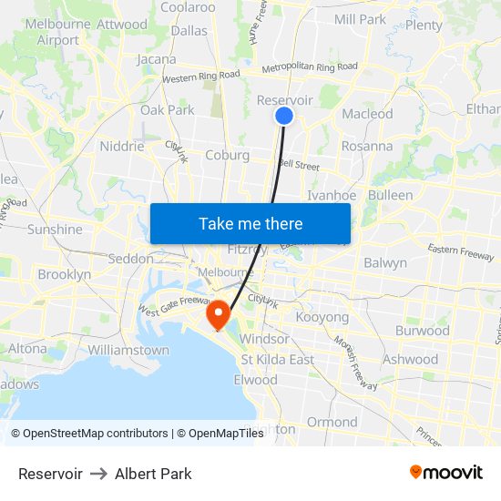 Reservoir to Albert Park map