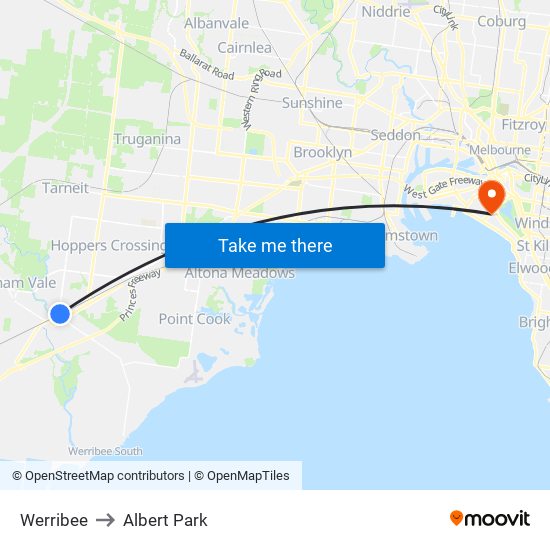 Werribee to Albert Park map