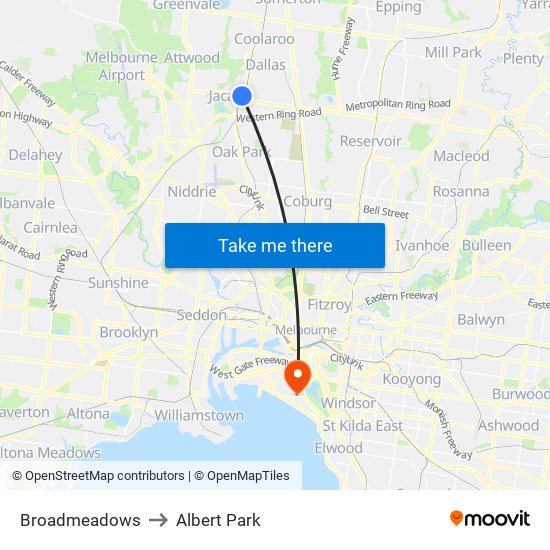 Broadmeadows to Albert Park map