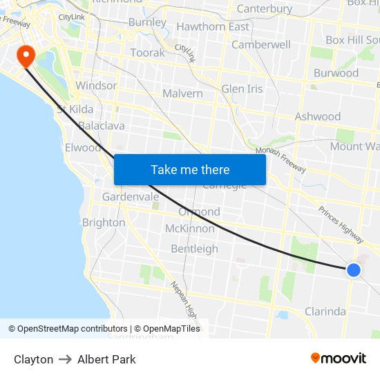 Clayton to Albert Park map