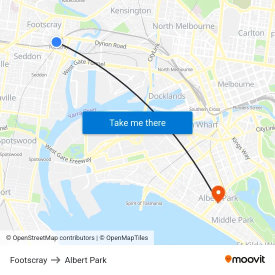 Footscray to Albert Park map