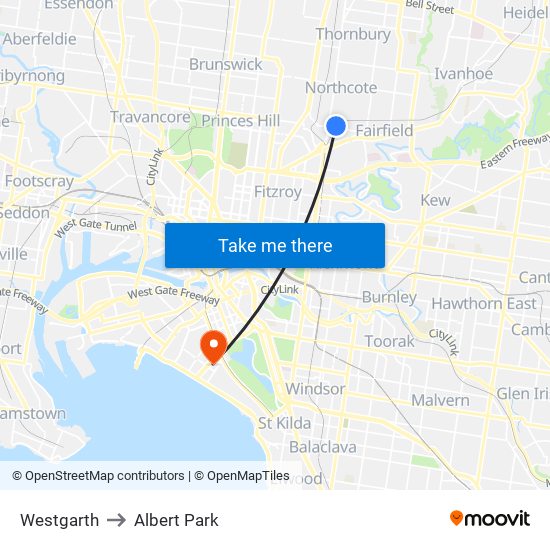 Westgarth to Albert Park map