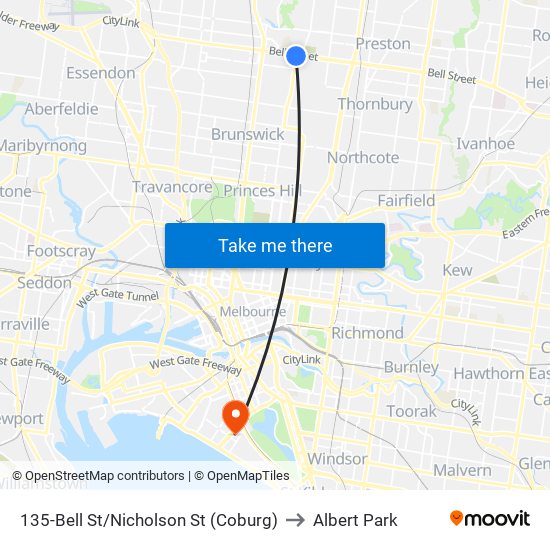 135-Bell St/Nicholson St (Coburg) to Albert Park map