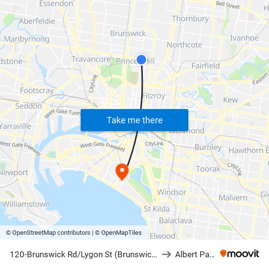 120-Brunswick Rd/Lygon St (Brunswick) to Albert Park map