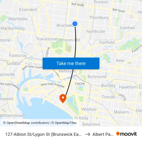 Albion St/Lygon St #127 to Albert Park map