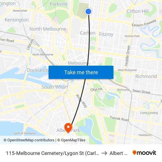 115-Melbourne Cemetery/Lygon St (Carlton North) to Albert Park map