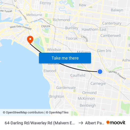 64-Darling Rd/Waverley Rd (Malvern East) to Albert Park map