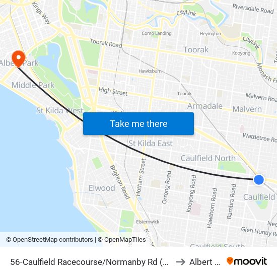 56-Caulfield Racecourse/Normanby Rd (Caulfield East) to Albert Park map