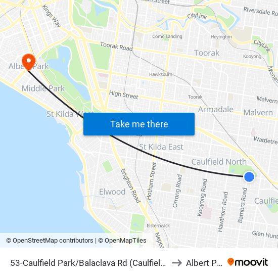 53-Caulfield Park/Balaclava Rd (Caulfield North) to Albert Park map