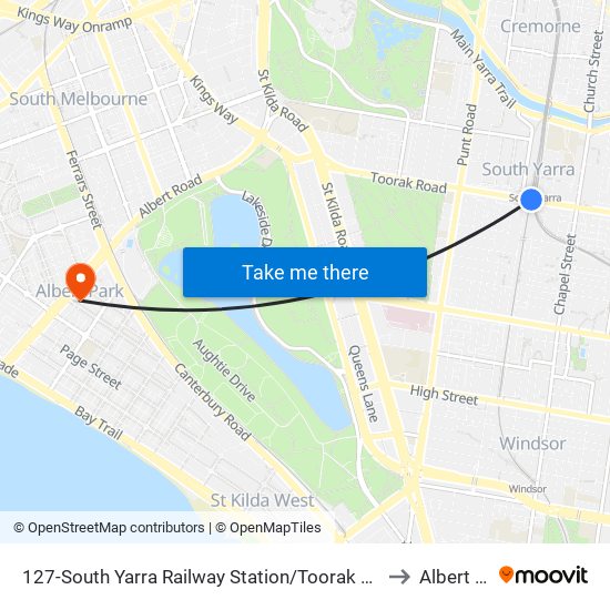 127-South Yarra Railway Station/Toorak Rd (South Yarra) to Albert Park map